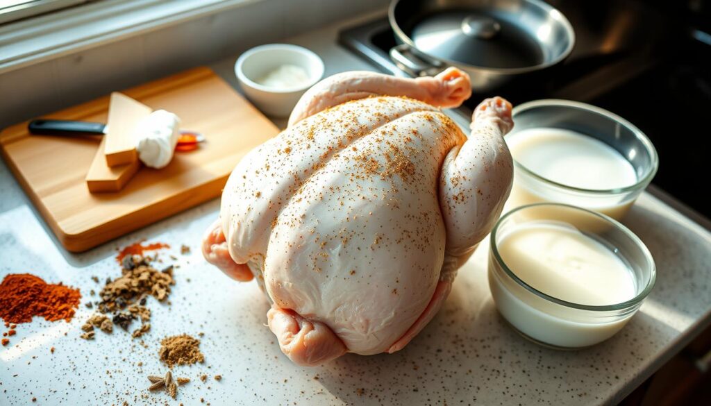 Preparing chicken for frying