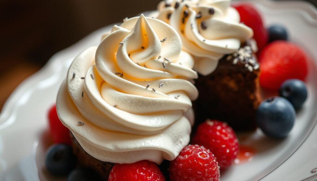 Whipped cream topping on dessert